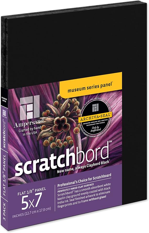 Ampersand Art Supply Scratch Art Panel Museum Series Scratchboard, 5" x 7", 1/8 Inch Flat Profile, 3 Panels