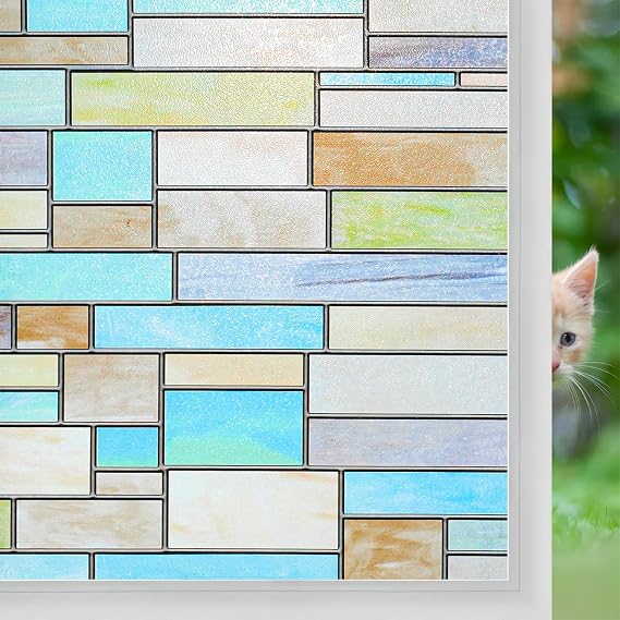 Niviy Stained Glass Window Film Waterproof Static Window Cling, 11.8 x 78.7 Inches No Adhesive Glass Window Decor for Bathroom Kids Room Sliding Door