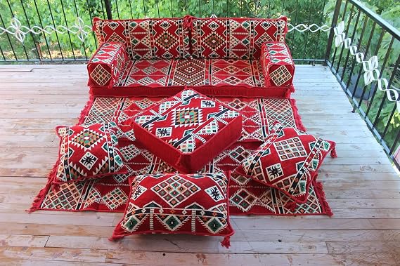 Red Arabic Floor Sofa Seating Set, Floor Cushions, Traditional Couches, Ottoman Couch, Moroccan Sofas, Loveseats, Arabic Majlis,Modular Sofa (Sofa + Rug + Ottoman)