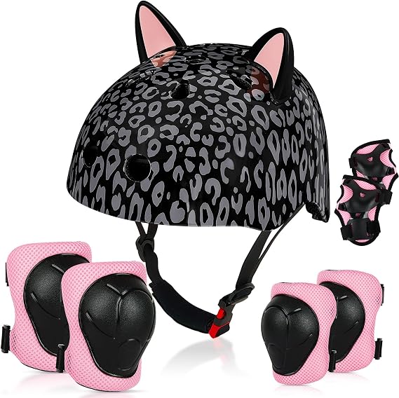 Kids Bike Helmet and Knee Elbow Pads Wrist Guards Set with DIY Cat Ears | Toddler Bike Helmets for Girls 3-14, Adjustable Youth Girls Skateboard Helmet for Scooter Skating Cycling
