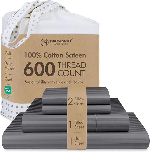Threadmill 600TC Cotton Full Sheet Set, Sateen, Damask Stripe, Dark Grey