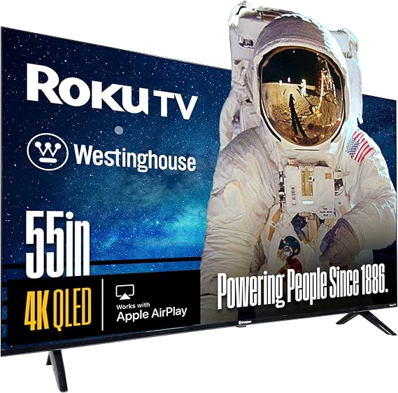 Westinghouse Roku TV - 55 Inch Smart TV, 4K UHD QLED Television w/HDR 10+, Dolby Vision, Wi-Fi & Mobile App Connectivity, Flat Screen Compatible w/Apple HomeKit, Alexa, Google Assistant