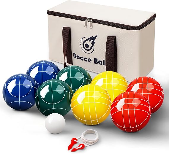 Bocce Ball Set 107mm/, Regulation Size & Weight, 8 Resin Bochi Balls with Pallino, Carrying Bag, Measuring Rope, Outdoor Sports Backyard Lawn Court Game Gift for Family & Beach (2-8 Players)