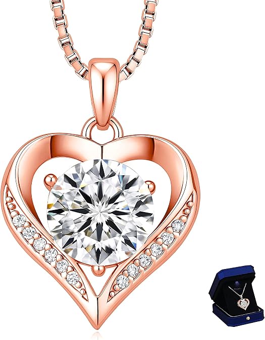 Moissanite Necklace for Women, 1-5 Carat Heart Pendant Rose Gold Plated