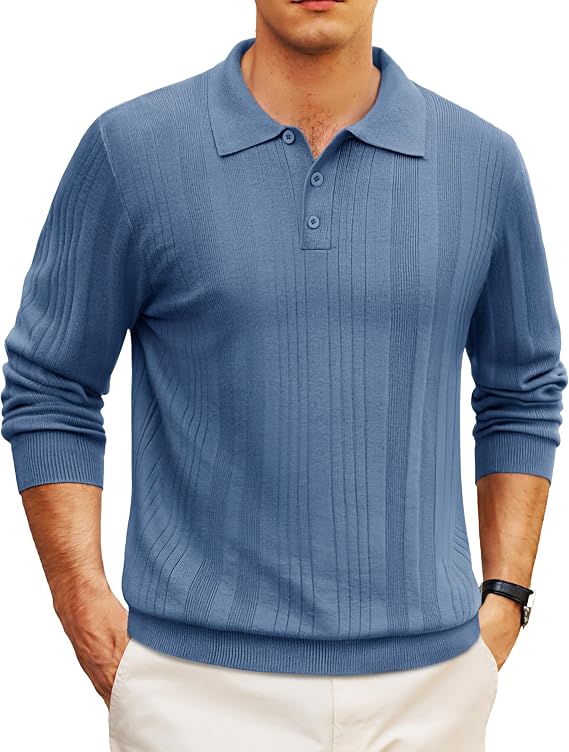 Cotrasen Mens Knit Polo Sweaters Long Sleeve Textured Button Polo Shirts