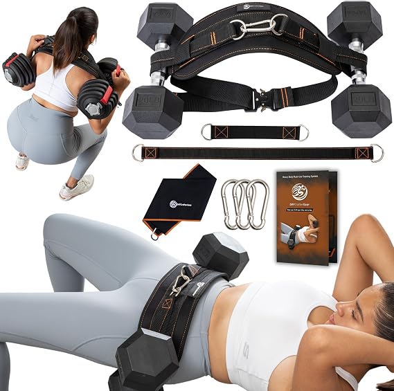 Hip Thrust Belt for Weights, Dumbbells & Kettlebells Heavy Duty Glute Workout Equipment for Plates up to 300 lbs, with bonus straps for Dips & Squat Belt for Home & Gym