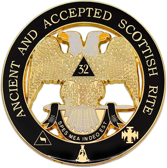 32nd Degree Ancient & Accepted Scottish Rite Round Masonic Auto Emblem - [Black & Gold][3'' Diameter]