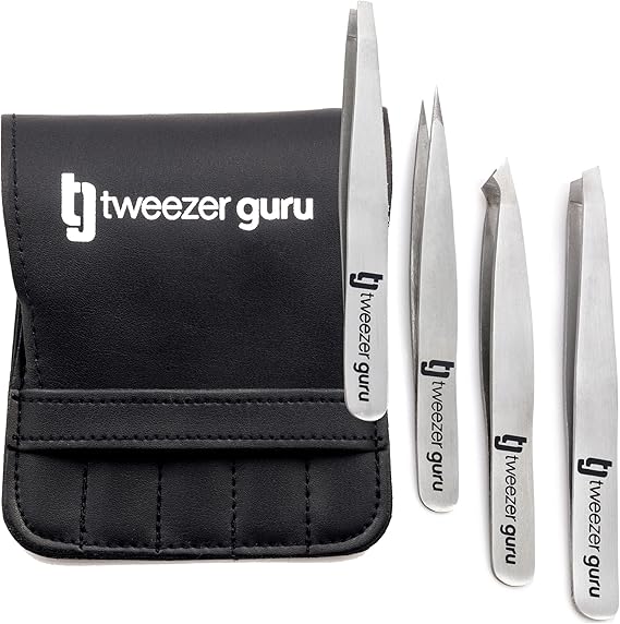 Tweezer Guru Eyebrow Tweezer Set for Women & Men - Professional Slant and Pointed Tweezers Set with Case - Precision Tweezers Kit for Facial Hair, Splinter and Ingrown Hair Removal (4 PC-W)