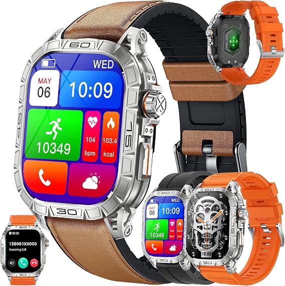 Men's Smart Watch with Bluetooth 5.1 Call/Dial, 1.96 Inch AMOLED Smartwatch Compatible with Samsung Huawei Xiaomi Android iOS GPS Shared Watch 123 Sports Heart Rate Monitor (Silver)