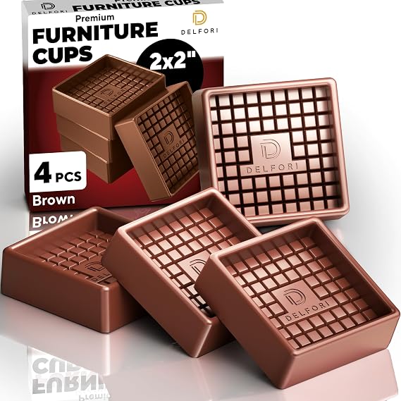 4pcs Non Slip Furniture Pads - Furniture Cups to Prevent Sliding for Couch, Bed, Chair - Premium 2x2 Anti Skid Stoppers for Hardwood, Tile Floors - Perfect Coasters that Fit Any Feet Shape (Brown)