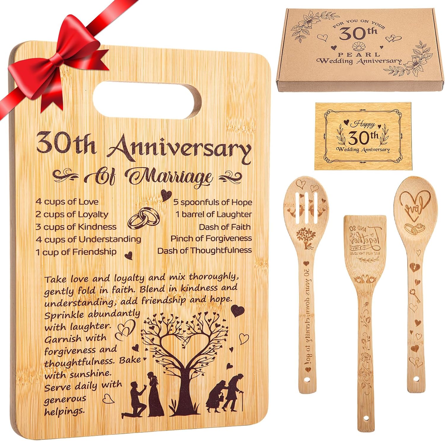 5 Pcs Wedding Kitchen Serving Board Set Anniversary Married Gifts for Women Men Husband Wife Parents Couple Pearl Ruby Golden Diamond Anniversary-recipe for a Happy Marriage30th