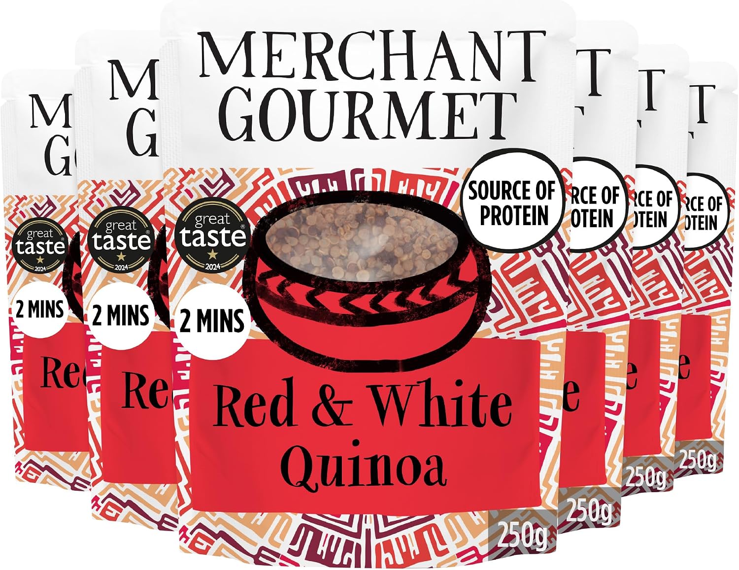 Merchant Gourmet Cooked Red & White Quinoa - Source of Protein & Fiber, Vegan, Healthy Rice Alternative, Pack of 6 x 250g Ready-to-eat Pouches