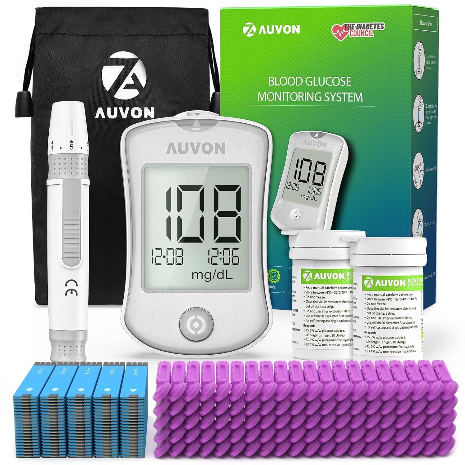 AUVON Blood Glucose Monitor Kit for Accurate Testing, Diabetes Testing Kit with 100 Glucometer Strips, 100 30G Lancets and Lancing Devices, DS-W Portable Sugar Test Kit, No Coding & FSAHSA Eligible