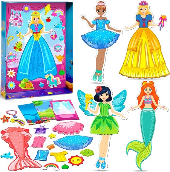 Magnetic Dress Up Dolls Girls Toys Princess Mermaid Fairy Ballerina Fridge Magnets Puzzles Toddlers 3-5 Pretend Play Car Road Trip Airplane Travel Games Activity Birthday Gift 3 4 5 6 7 8 Gilr Boy