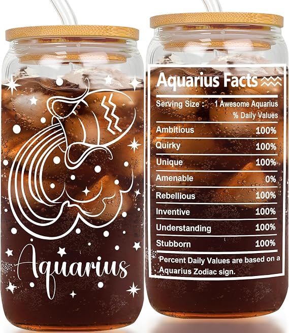 Aquarius Gifts - 16oz Aquarius Constellation Glass Cup for Women Men - Birthday Gifts for Astrology Fans Coworker Friends - Zodiac Sign Gifts for Boss Lady Employee
