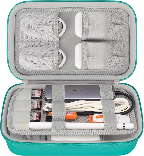 Elonbo Hard Travel Cords Organizer Universal Small Electronic Accessories Carrying Case for Chargers Cables MacBook Adapter Magic Mouse Apple Pencil USB Flash Disk Tech Portable Storage Bag,Turquoise