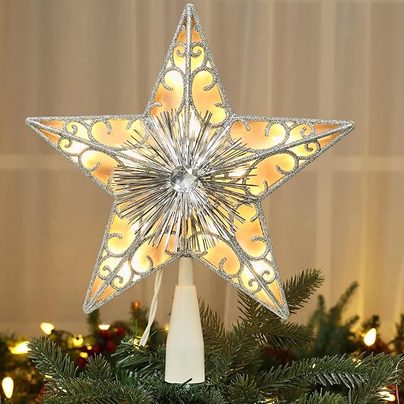 Brizled 9 Silver Christmas Tree Topper Plug-in with 10 Warm White Lights | 120V UL Certified Dual-side 3D Star Treetop, Glittered Tree Top Lighted Xmas Treetop for Holiday Christmas Tree Decorations