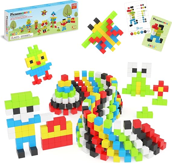 PicassoTiles 100pcs 0.5 Pixel Magnetic Puzzle Cube Mix & Match Cubes Sensory Toys STEAM Education Learning Building Block Magnets Children Construction Toy Set Stacking Magnet Creative Kit PMC100