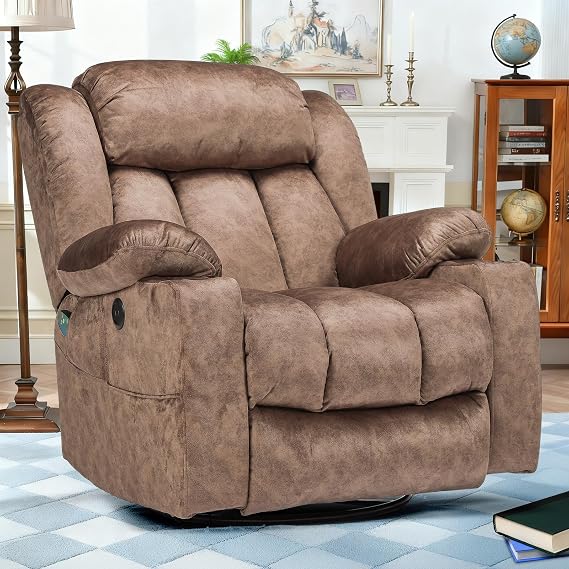 Swivel Rocker Recliner Chair with Heat and Massage, Manual Glider Rocking Reclining Chair, 360 Swivel Overstuffed Lounge Chair with 2 Cup Holders, Side Pockets & USB Ports, Fabric Brown