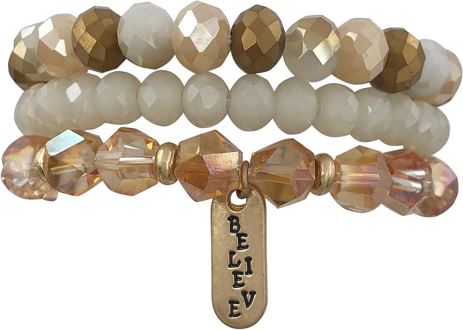 Gypsy Jewels Beveled Glass Bead Simple Multi 3 Row Layered Stackable Stretch Bracelet Set (Brown Cream)