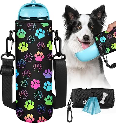 Portable Neoprene Water Bottle Sleeve - Travel Dog Water Cover Bag with Puppy Poop Bag Holder, Funny Pet Bottle Sling Carrier with Adjustable Strap for Walking Hiking