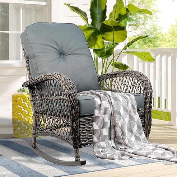 Outdoor Wicker Rocking Chair,Patio Rocking Chair with 4 Cushions,Rattan Rocker Chair with Widen Armrest,All Weather Wicker Rocker for Garden,Poolside,Balcony,Blue-Grey