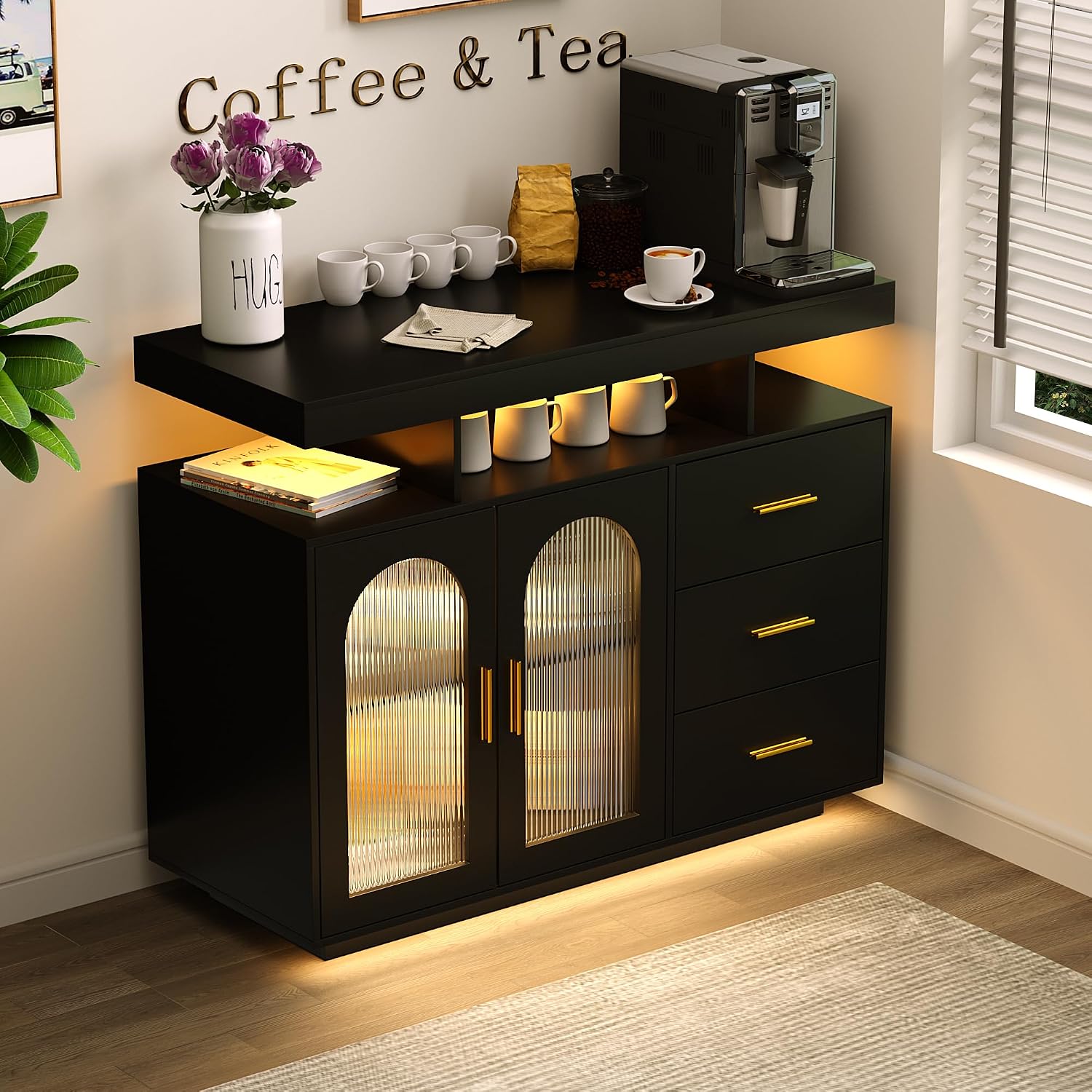 FREDEES Sideboard Buffet Cabinet with Charging Station, Coffee Bar Table with RGB LED Light, Auto-Sensor Design, Bar Cabinet with Storage with 3 Drawers, Black