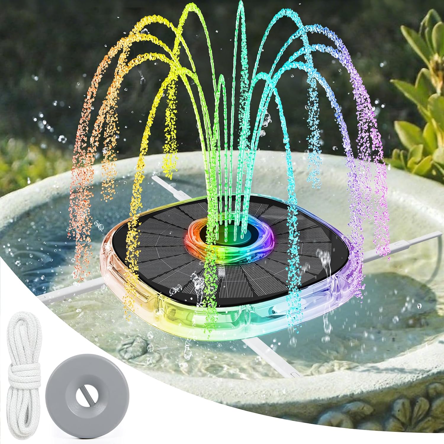 Solar Fountain with Colorful Lights, Solar Bird Bath Fountain Pump with 4 Fixers Adjustment, High Efficiency Solar Floating Water Fountains for Birdbath, Black