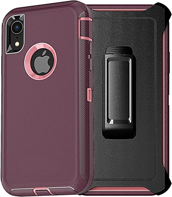 YmhxcY for iPhone XR Case, 3-Layer Full Body Protection Shockproof Drop-Proof Heavy Duty Phone Case with Belt Clip Kickstand for iPhone XR 6.1"-Wine/Pink