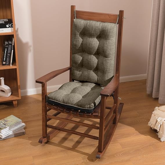 Basic Beyond Rocking Chair Cushions Set of 2, Porch Rocker Cushions for Wooden Rocking Chairs Outdoor with Thick Padding, Back Cushion with Ties, Tufted Seat Cushion with Non-Slip Backing(Khaki)