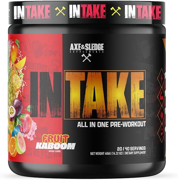 Axe & Sledge Intake All-in-One Pre-Workout | 300mg Caffeine | L-Citrulline, Beta Alanine, Betaine for Performance & Focus | Pre-Workout for Men & Women | 20/40 Servings, Fruit Kaboom | 40 Servings, Lasting Energy, Laser Focus, Senactiv & ElevATP