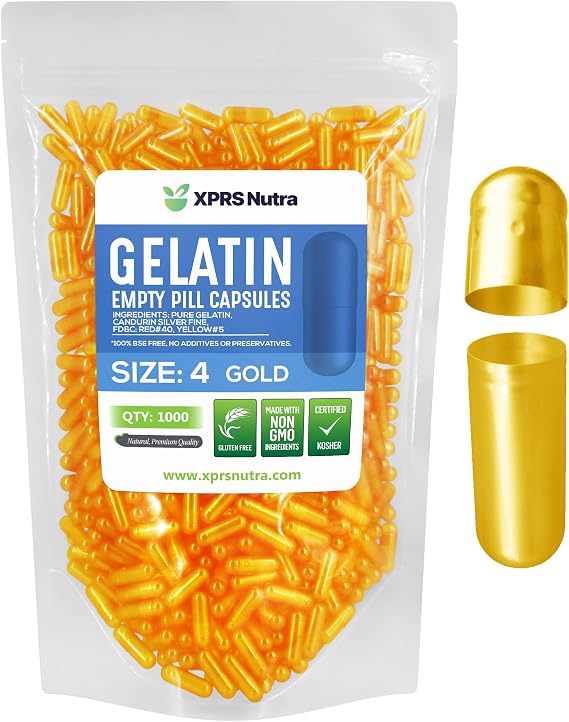 XPRS Nutra Size 4 Empty Capsules - 1000 Count Small Empty Gelatin Capsules - Pills DIY Capsule Filling - Fillable Pure Bovine Pill Gel Caps for Do-It-Yourself Supplements (Gold)