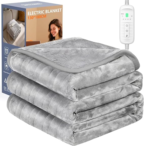 Electric Blanket with Timer and 9 Heat Levels, 180 x 130 cm Heated Throw with Auto Shut-Off,Ultra Soft Reversible Flannel Fabric, Blanket Electric Throw with Detachable Controller,Home & Office Use