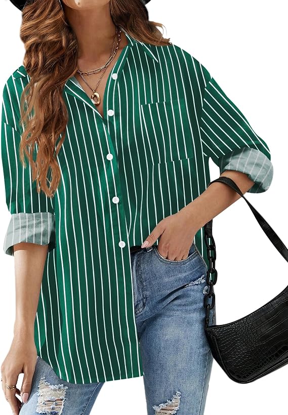 HOTOUCH Women Button Down Striped Shirts Drop Shoulder Blouse Long Sleeve Oversized Shirt with Pocket