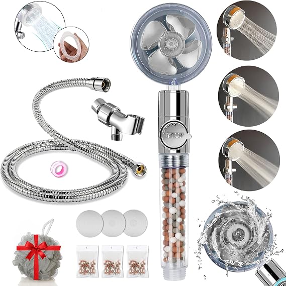 Filtered Shower Head, High Pressure Water Saving Showerhead with Filter Beads, Handheld Fan Shower Kit with Stainless Steel Hose, Wall & Overhead Brackets ect.-Silver