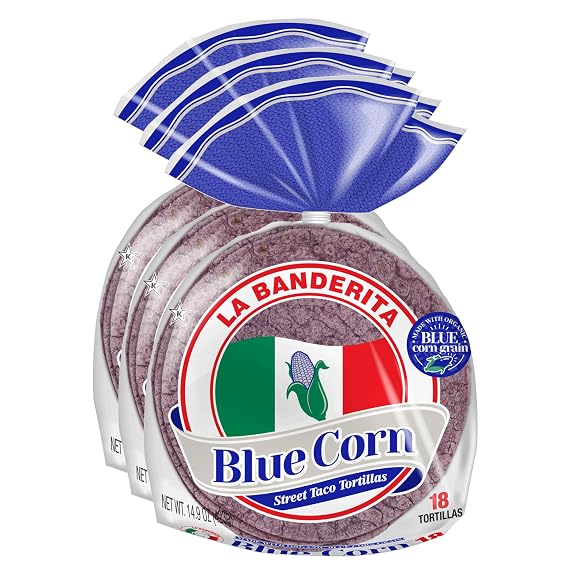 La Banderita Organic Blue Corn Tortillas - 3 Pack, Street Taco Size 5" Diameter, 14.9 oz Per Pack, 18 Count (Total 54 Tortillas) Zero Trans Fat, Gluten Free, Zero Sugar