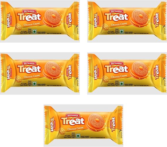 Britannia Treat Orange Crème Filled Biscuits 100g (Pack of 5) | Cream Sandwich Cookies | Fruity Orange Flavour | Kids Snack | Ideal for Tiffin, Tea Time & On-the-Go Trips
