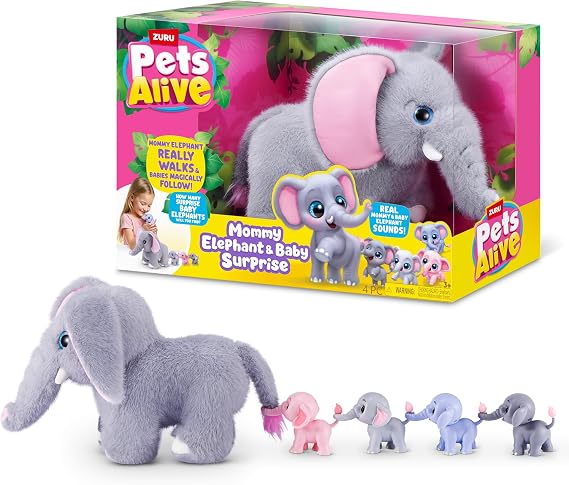Pets Alive Mommy Elephant and Baby Surprise by ZURU | Surprise babies to reveal; babies magically follow mommy; interactive robotic pet; unbox & collect; ages 3+; gift for kids