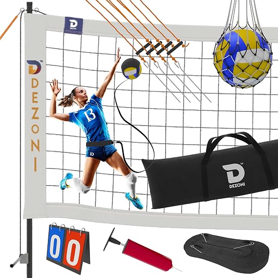 Portable Volleyball Net | Volleyball Set Includes Ball, Scoreboard, Ball Carry Net, Tent Nails and Volleyball Spike Trainer
