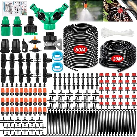 Garden Irrigation System 50 m + 20 m Irrigation Pipe 297 Pieces Garden Irrigation Kit DIY Automatic Plant Watering System for Garden Lawn Vegetable Garden Farm