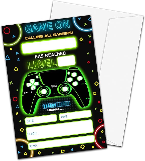 Neon Game Birthday Invitations with Envelopes(20-Pack), 4"x6" Video Game Style Fill-In Birthday Party Invites-yqk-b17