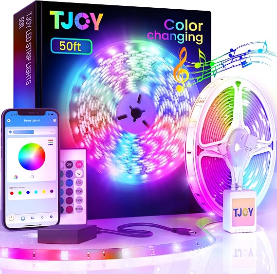 TJOY 50ft Bluetooth LED Strip Lights, Music Sync 5050 LED Light Strip RGB Color Changing LED Lights Strip with Phone Remote, LED Lights for Bedroom Kitchen TV Party TIKTOK DIY (APP+Remote +Mic)