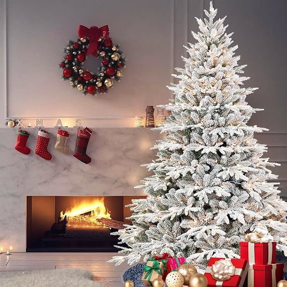 9ft Snow Flocked Artificial Christmas Tree with 1050 Warm White Lights