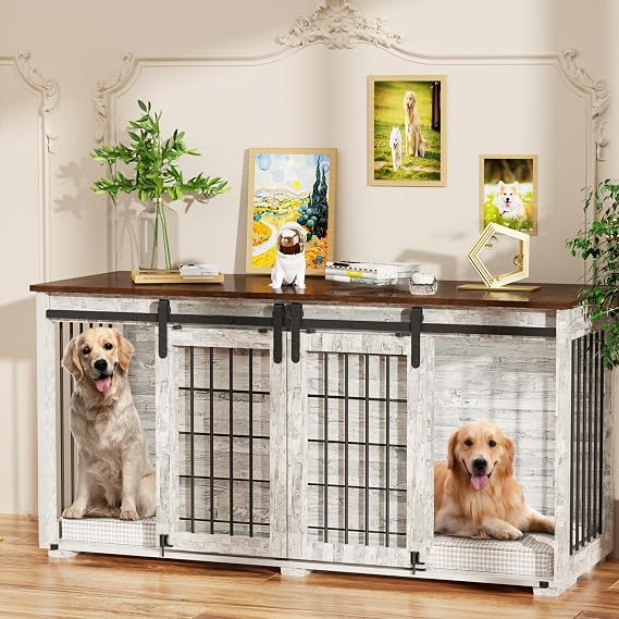 EBE Dog Crate Furniture, 63''Wooden Dog Kennel with Removable Divider and Sliding Door, Dog Crates with Double Rooms, Heavy Duty Dog Crate Table Indoor TV Stand for Small Medium Large Dogs