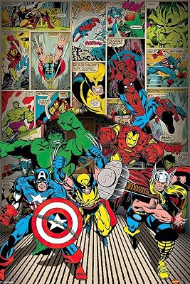 Marvel Superheroes - Comic Poster Print Here Come The Heroes - Spider-Man, Captain America, Iron Man, Thor, Wolverine Size: 24 x 36 Unframed