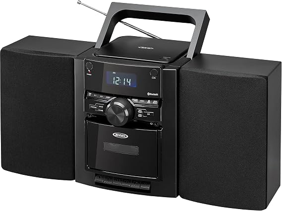 JENSEN 10-Watt Portable Bluetooth Home Stereo System with Detachable Speakers, CD/Cassette Players, AM/FM Radio, Alarm Clock, and Remote (CD-785)