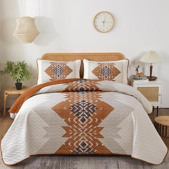 Dintszyayue Boho Queen Quilt Set 3 Pieces Aztec Texture Bedspread Coverlet Set Bohemian Quilt Bedding Set Microfiber Lightweight Bed Cover for All Seasons (Terracotta, 90"96")