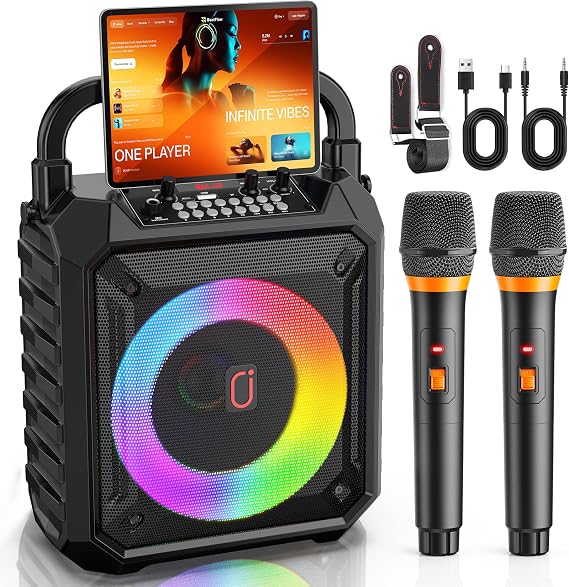 HWWR Portable Karaoke Machine with 2 Wireless Microphones for Adults | Bluetooth 5.3, 6.5'' Subwoofer, Bass/Treble/ Echo Adjustment, Party Lights, 24H Playtime, USB/SD/AUX/TV for Home Outdoor BBQs
