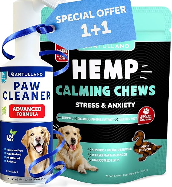 Calming Chews + Dog Paw Cleaner Bundle - Anxiety Relief with Turmeric, Valerian, Ginger - Silicone Brush & 5fl Oz No-Rinse Cleanser, Fragrance-Free, pH Balanced for Gentle Paw Care
