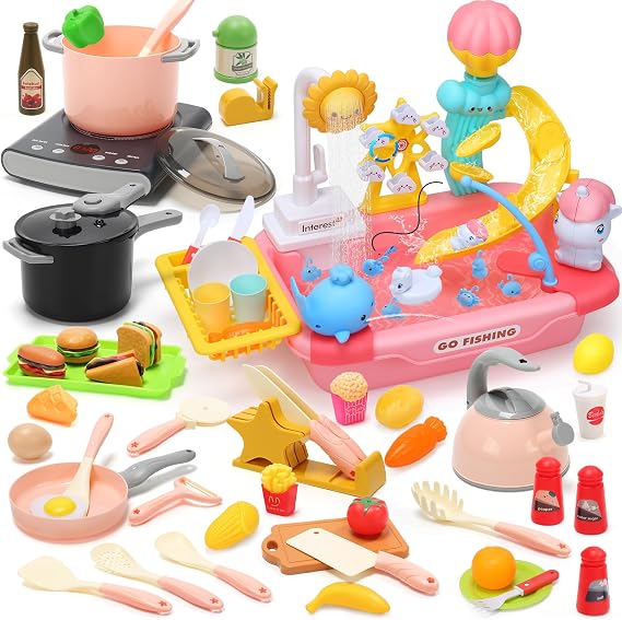 CUTE STONE Kids Sink & Kitchen Cooking Toy Set, Pretend Play Sink with Running Water, Cookware, Food Toys & Accessories, Toddler Play Kitchen for Kids Ages 3+